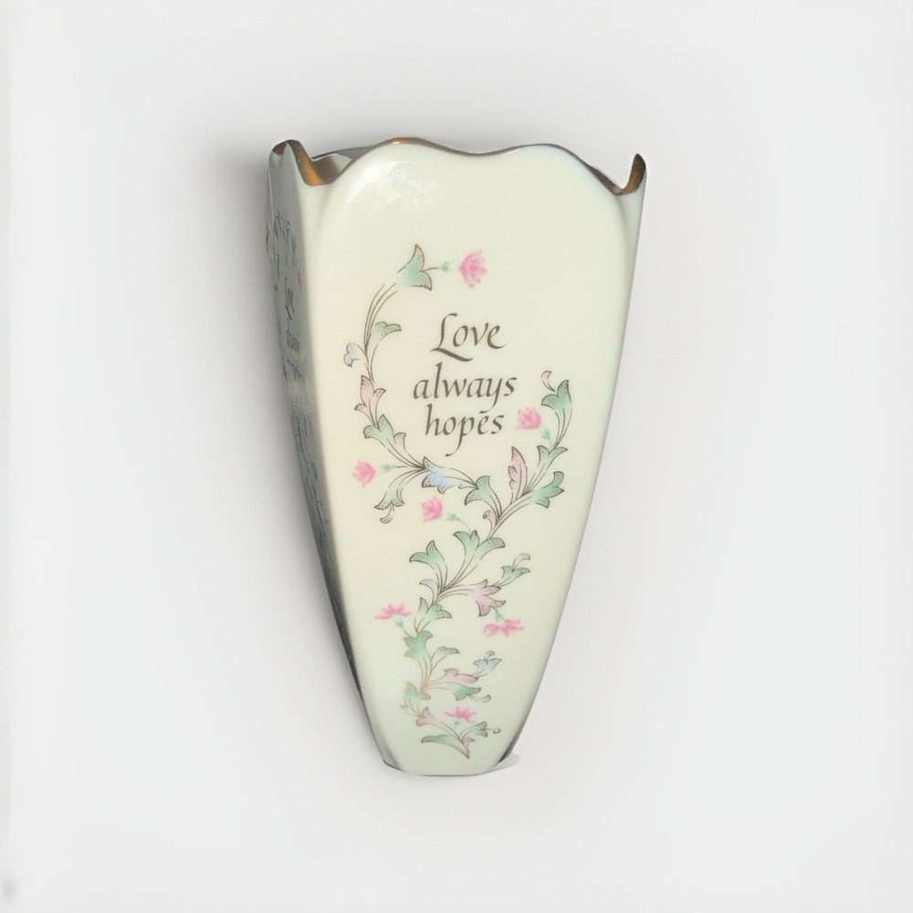Lenox Love Is Fine China 7 Inch Vase 3083011 Ivory Gold Trim Floral 4-Sided